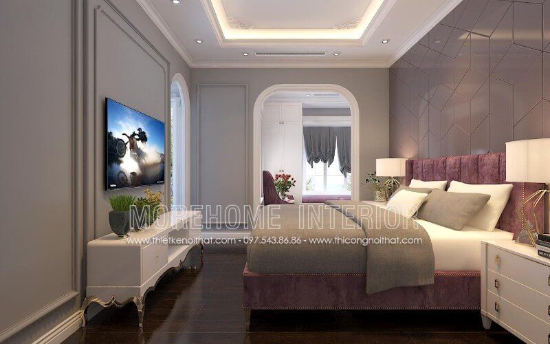 . Giường ngủ cổ điển với gam màu tím nhẹ nhàng, tạo nên một không gian thơ mộng, làm nên điểm nhấn hút mắt và thu hút sự chú ý của người sử dụng.